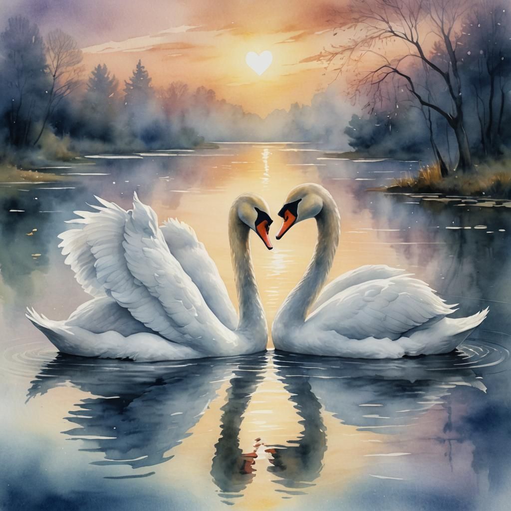 Swans Create Heart Shape on Lake: Watercolor Painting