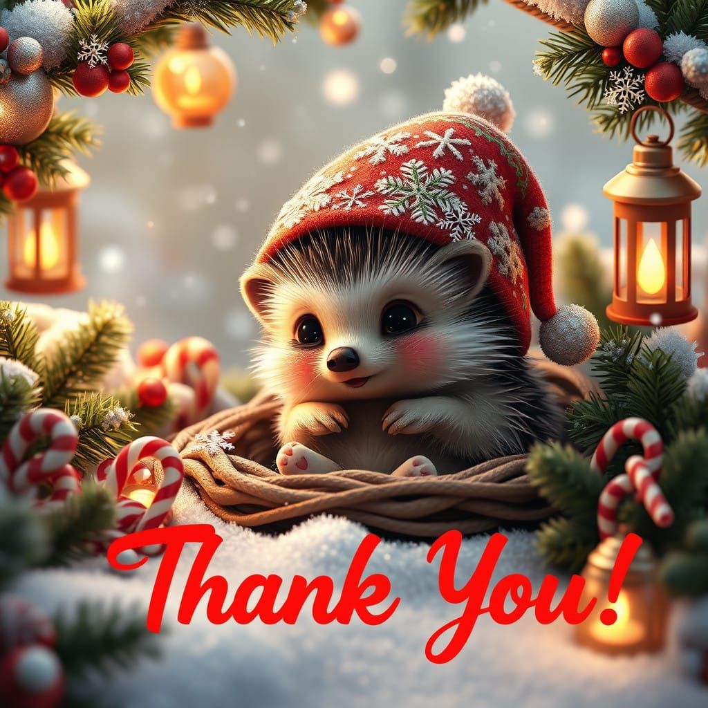 Winter Wonderland Scene with Curious Baby Hedgehog
