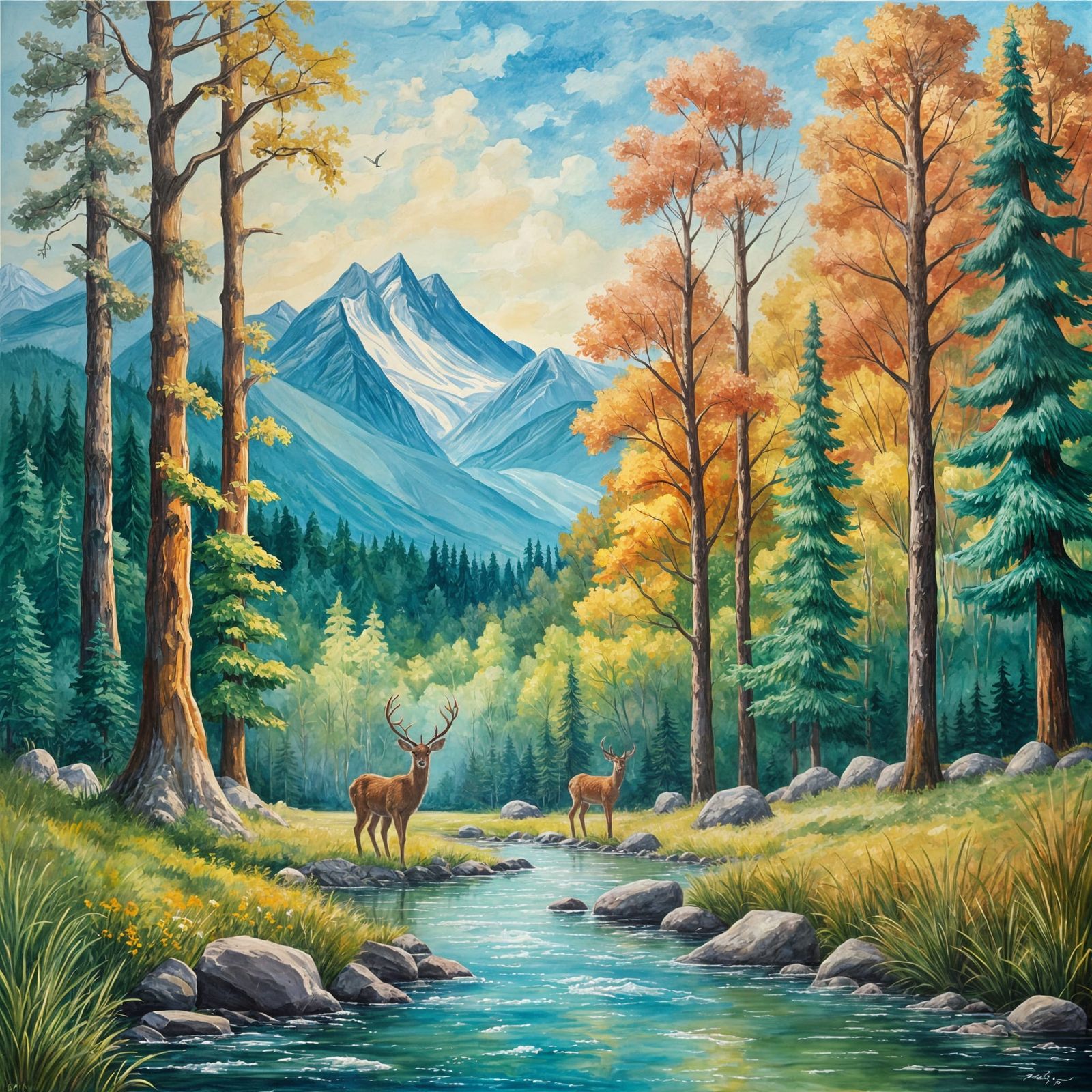 Forest Landscape Painting in Impressionist Gouache Style