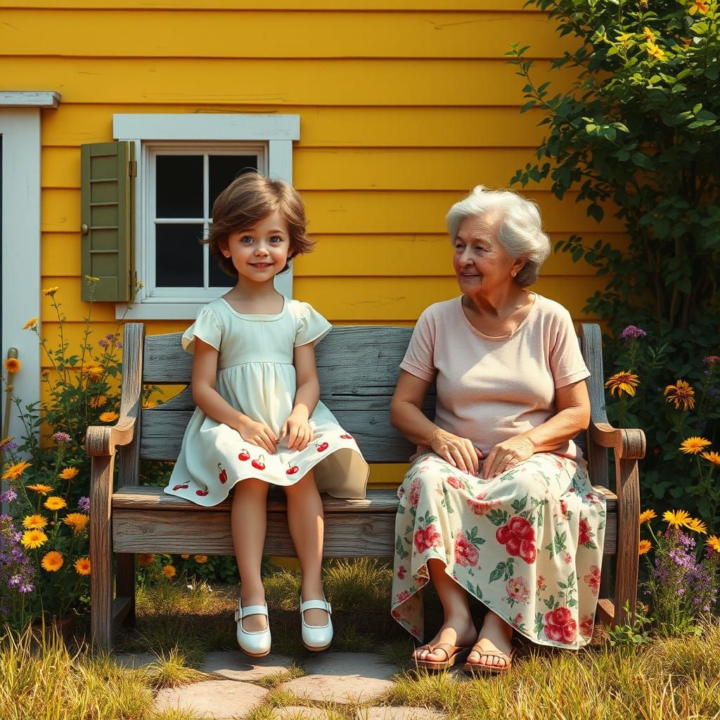Whimsical Farmhouse Scene with Girl and Grandmother