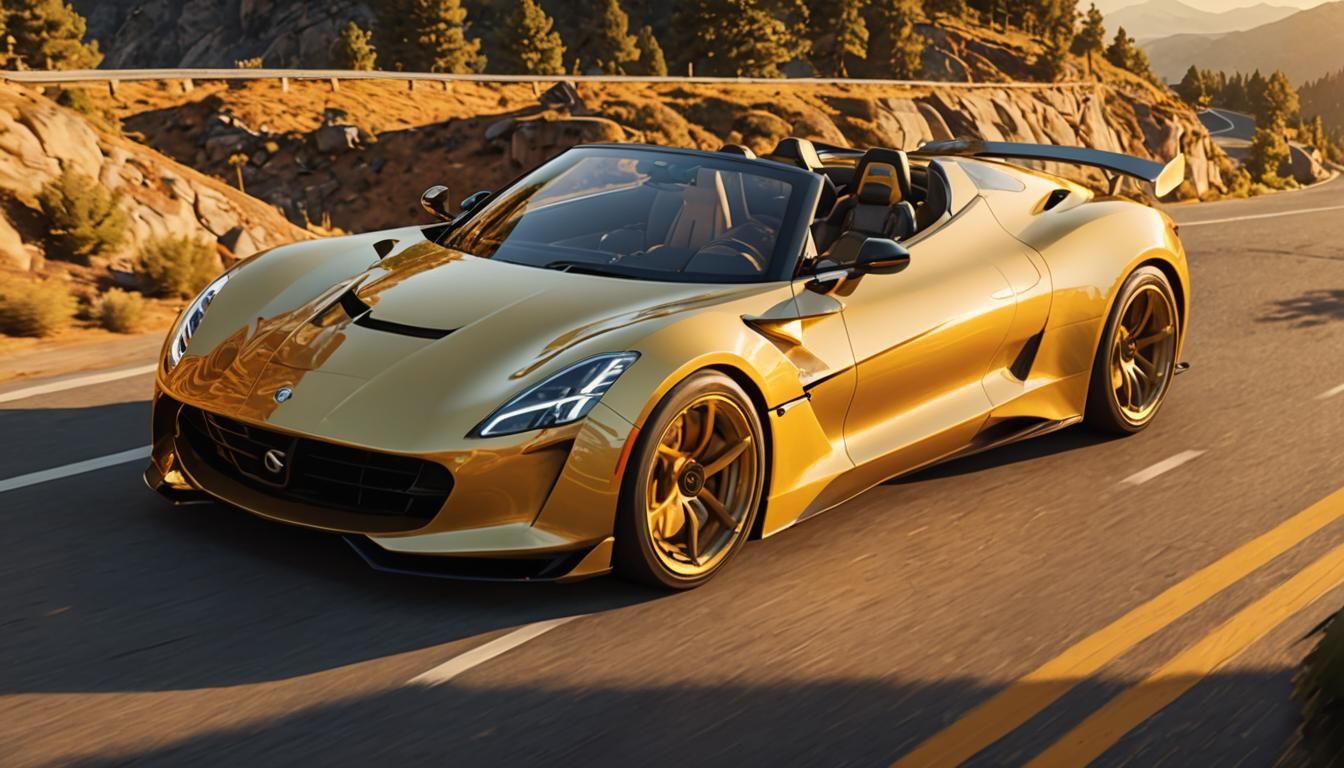 Yellow Sports Car on Mountain Road in Golden Hour