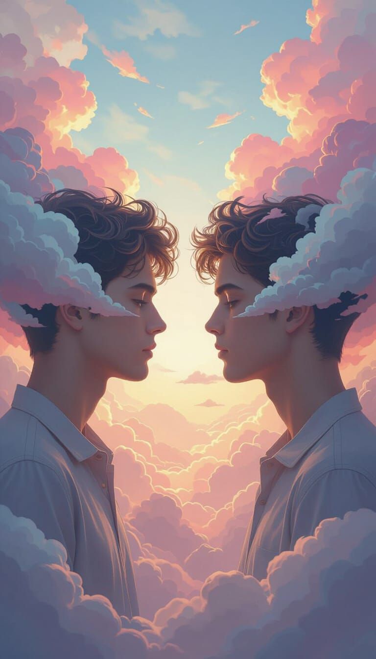 Surreal Digital Art of Identical Men Amidst Abstract Clouds