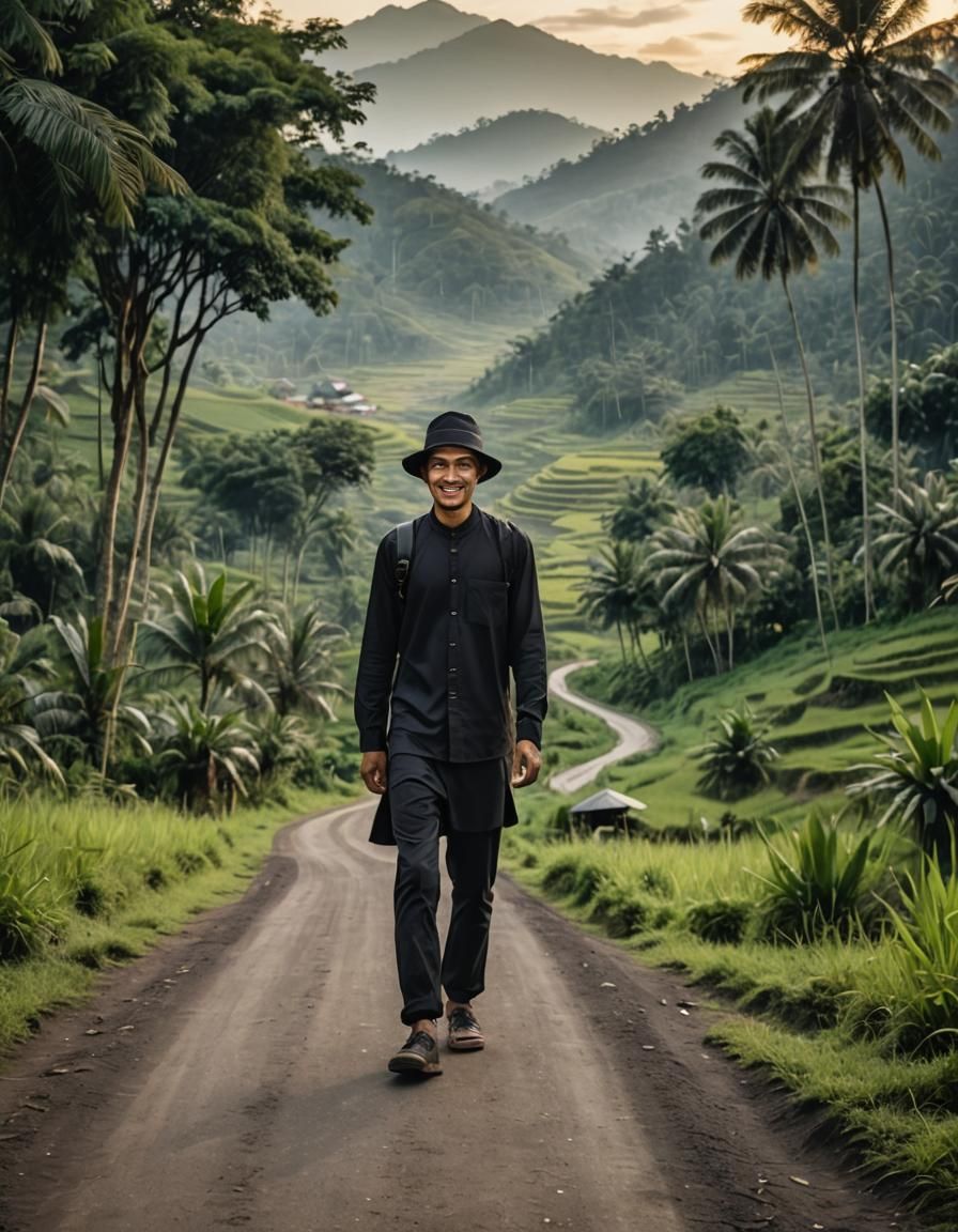 Indonesian Man on Village Trail at Twilight
