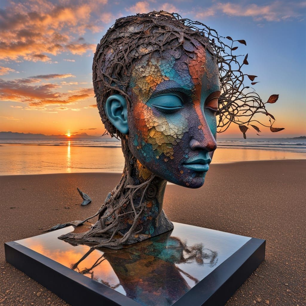 Surreal Fragmented Sculpture of a Woman Kneeling by Sunset