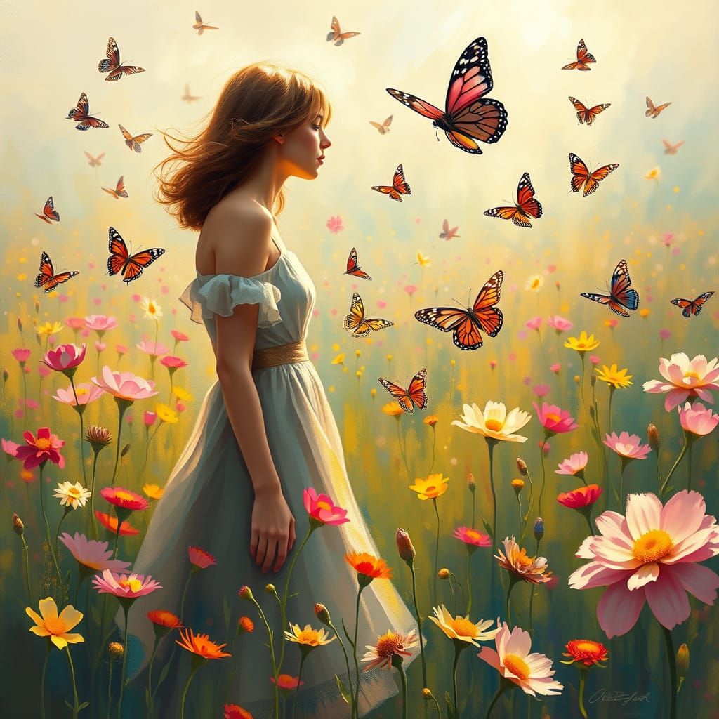 Impressionistic Woman in Flower Field with Butterflies
