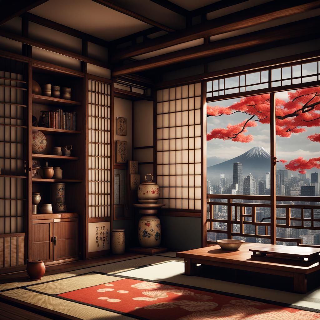 Japanese Room with High-Rise View, Detailed Matte Painting