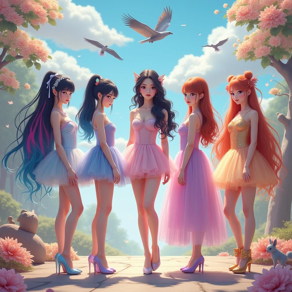 Korean Girl Group Posing in Ethereal Fantasy Scene