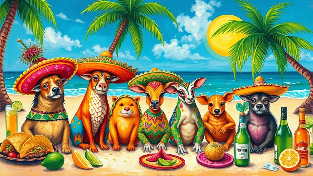 Animals in Sombreros on a Sunny Mexican Beach