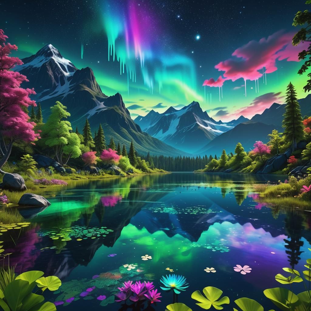 Lush Jungle Lake Under Aurora Borealis Sky