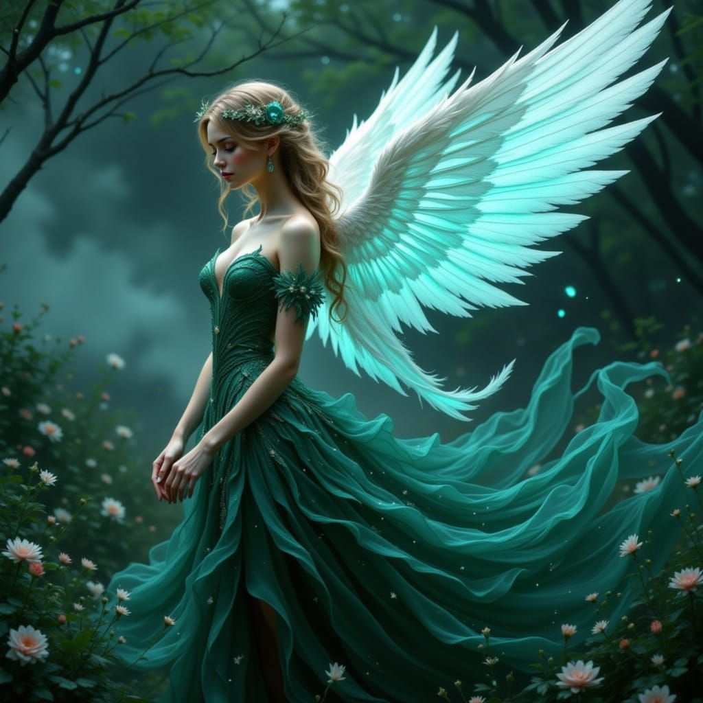 Angel in Evergreen Dress with Blue Flame Wings