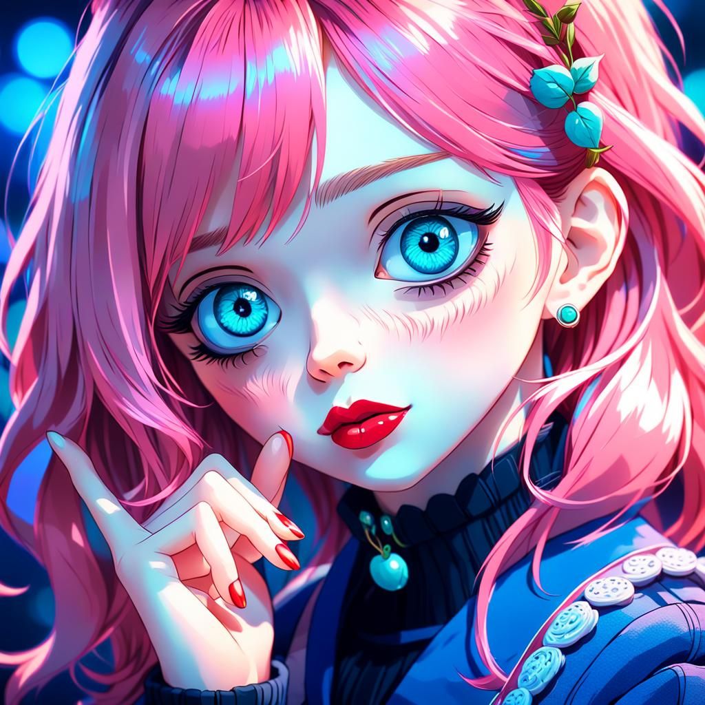 Anime Portrait of Girl with Cherry Lips and Blue Eyes