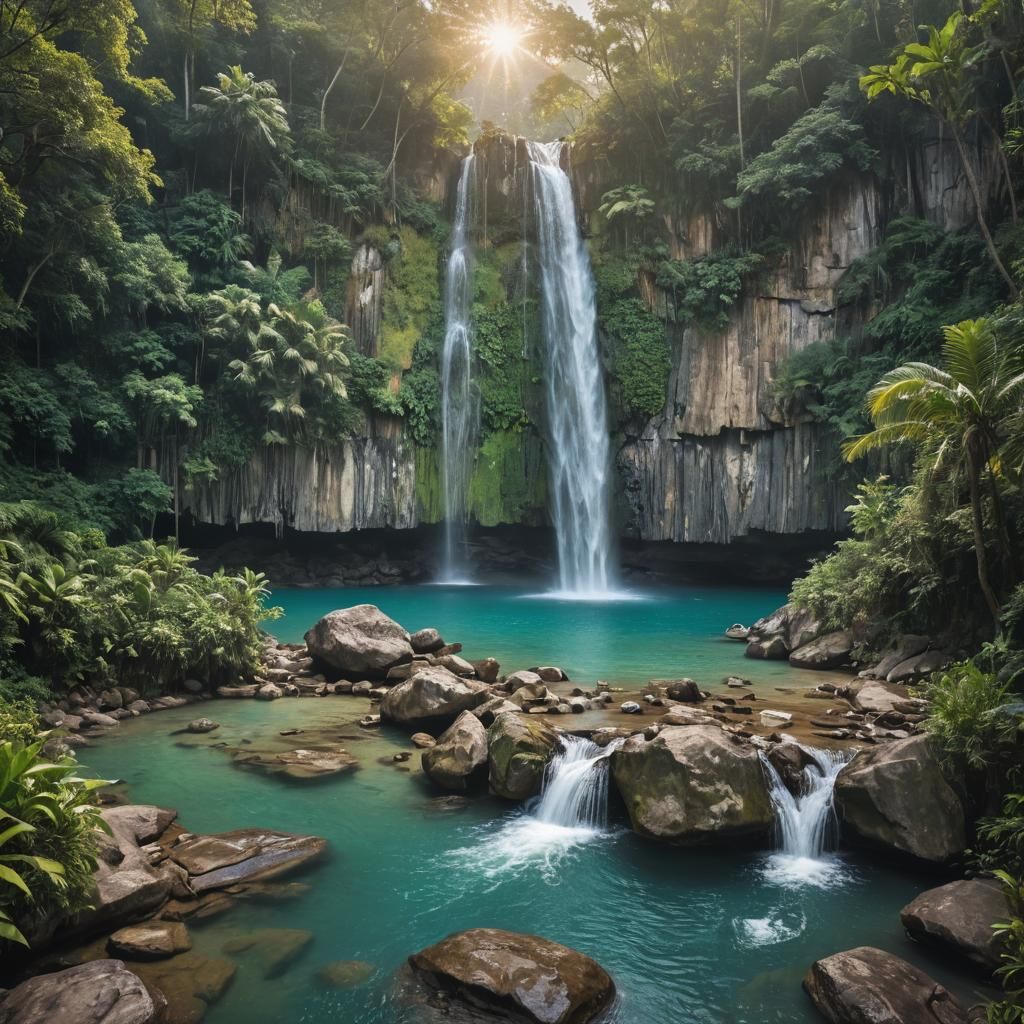 Majestic Waterfall Cascades in Golden Hour Light