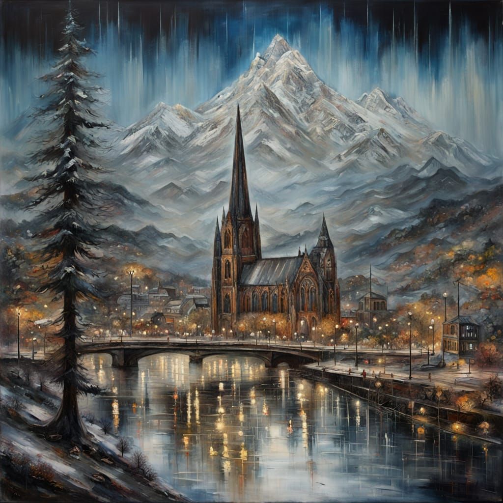 Detailed Cathedral City Painting in Mountain Landscape