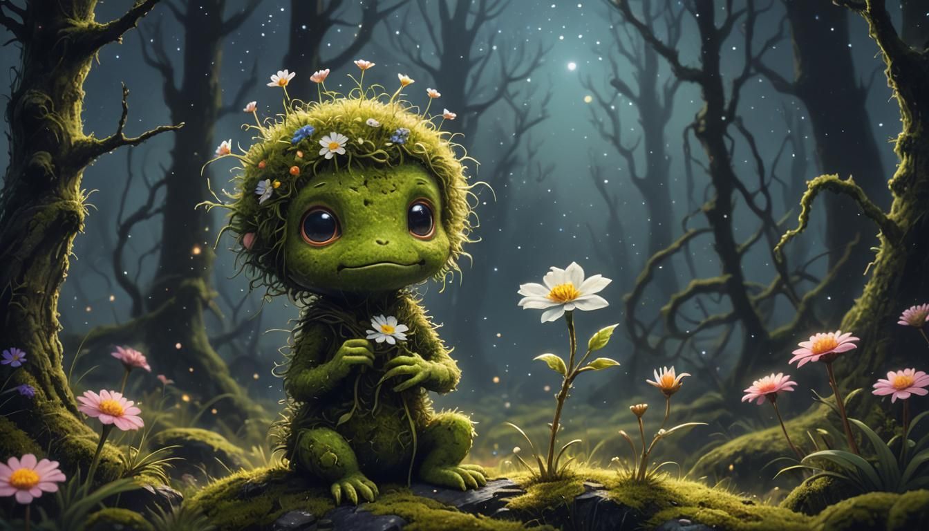 Cute Moss Creature in Starry Forest Oil Painting