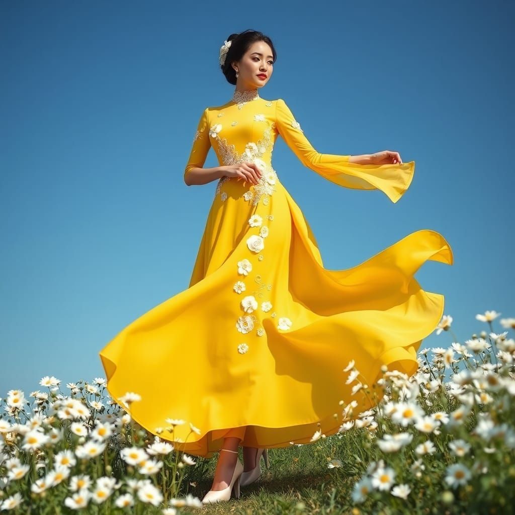 Chinese Woman in Yellow Dress Among Daisies