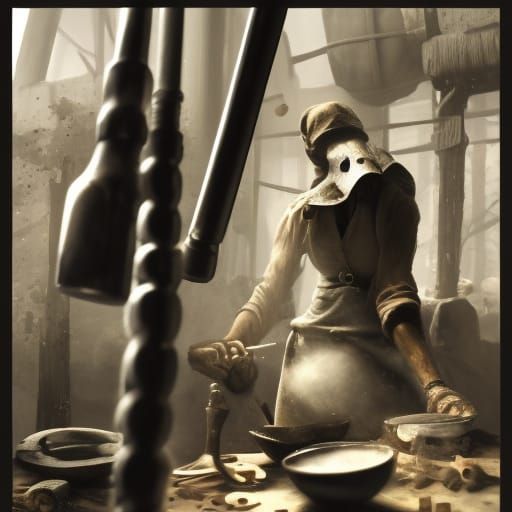 18th Century Workers Forging Scissors in Linocut Style