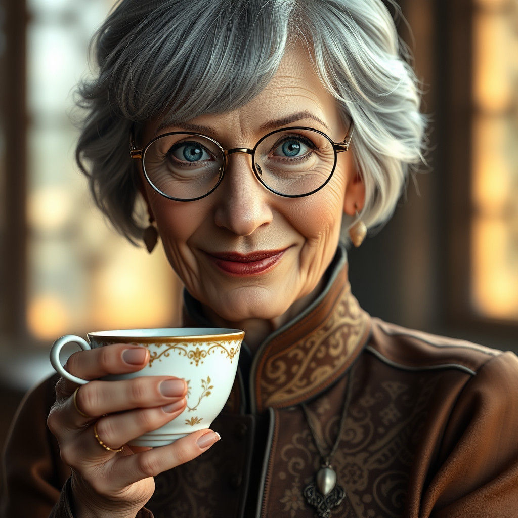 Elegant Woman with Teacup in a Fantasy World