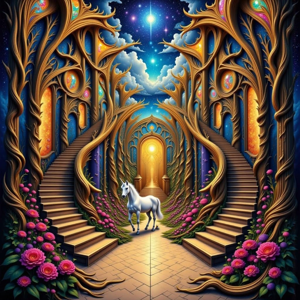 Unicorn in Impossible Escher‑Nouveau Chamber