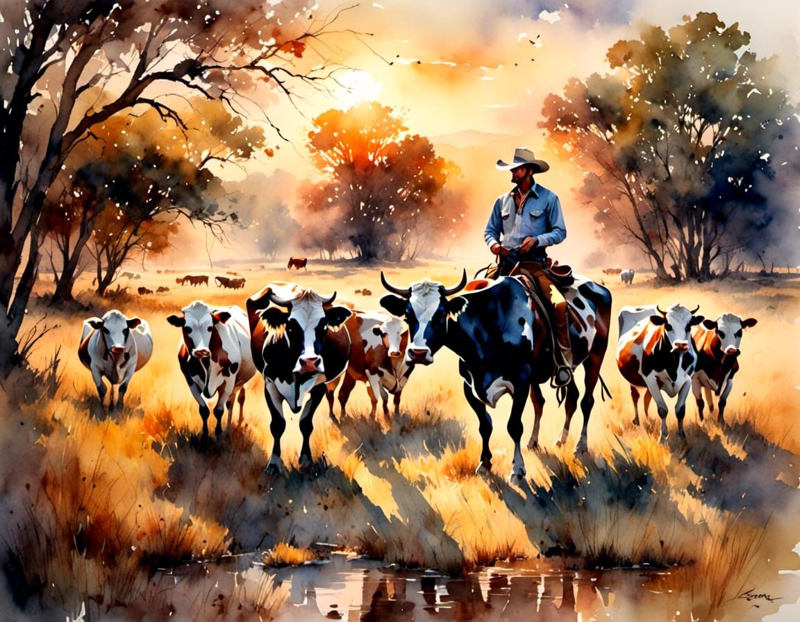 Cowboy and Cows in Texas: Antique Watercolor