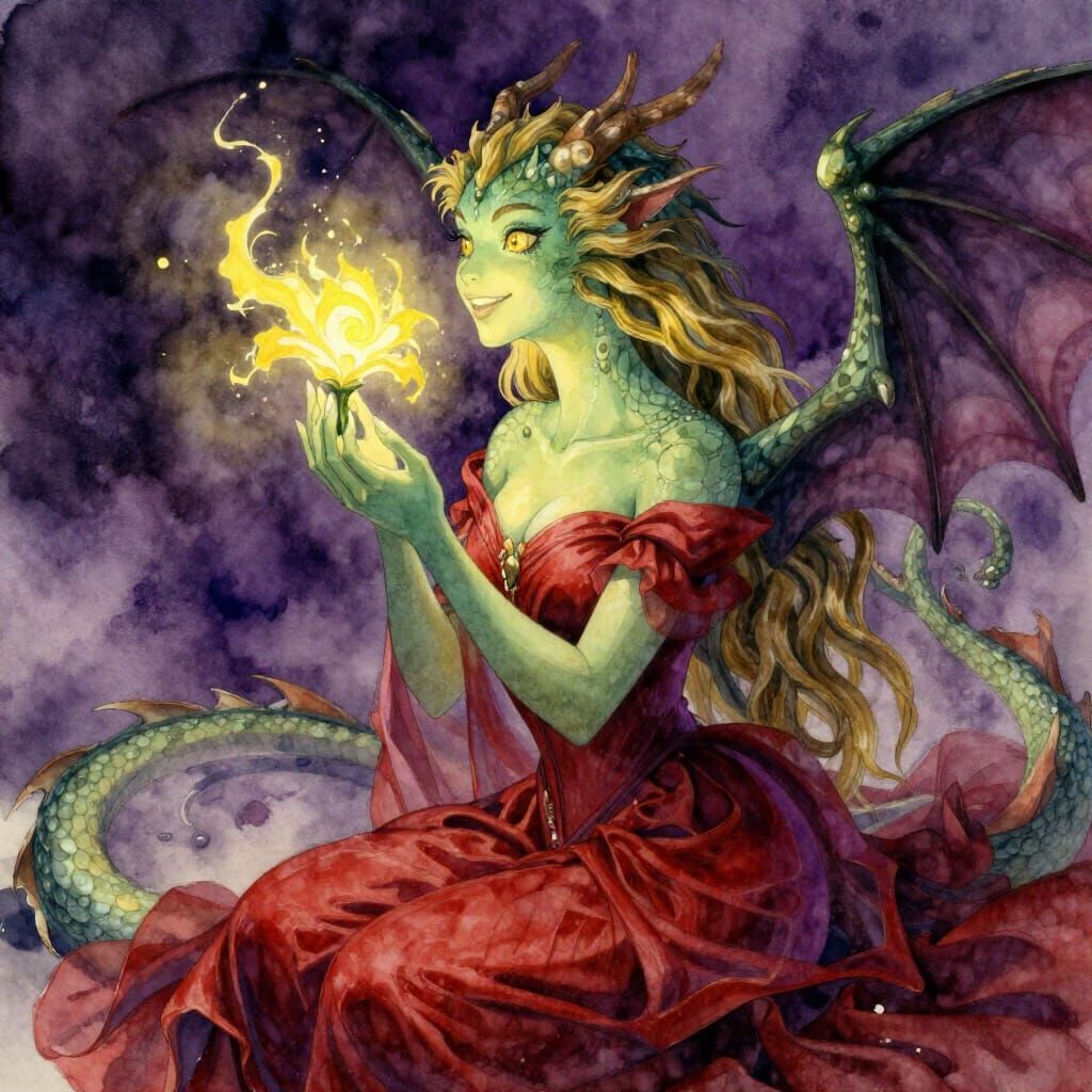 Dragon Princess Smelling Flower in Watercolor Style