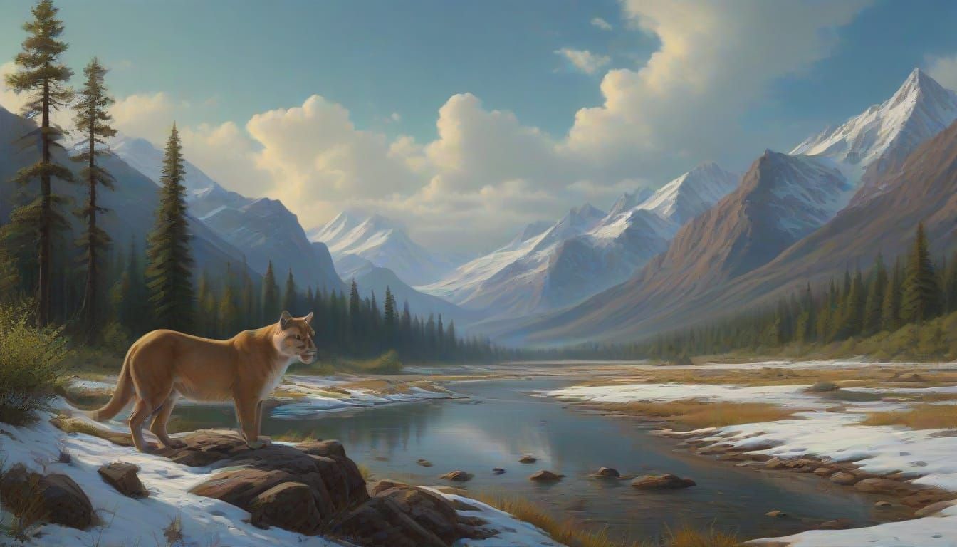 Majestic Mountain Lion in a Serene Alpine Landscape