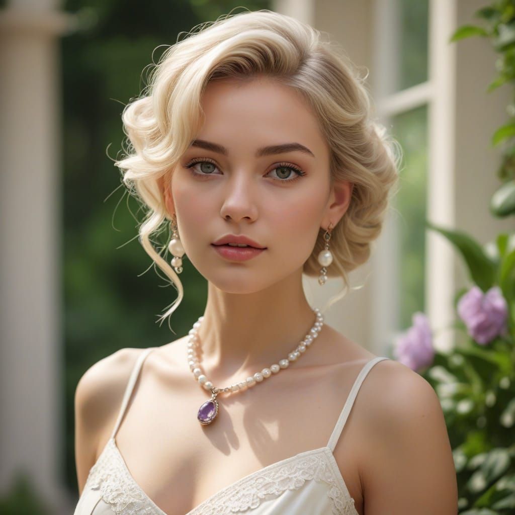 Elegant Young Woman in Vintage Curls and Pearl Necklace