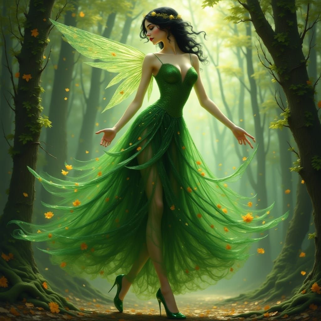 Green Fairy Woman in Art Nouveau Style