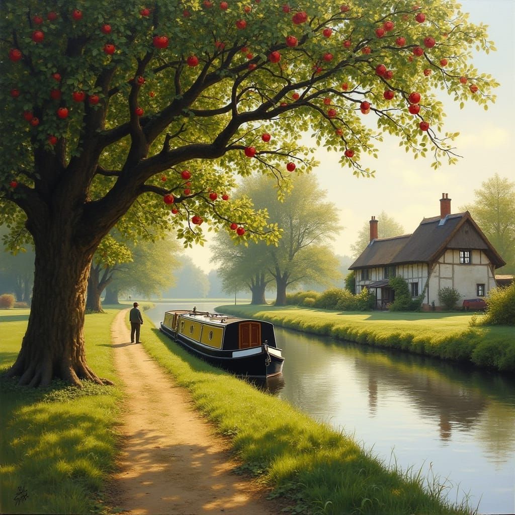 Idyllic English Countryside Scene with Canal and Apple Tree