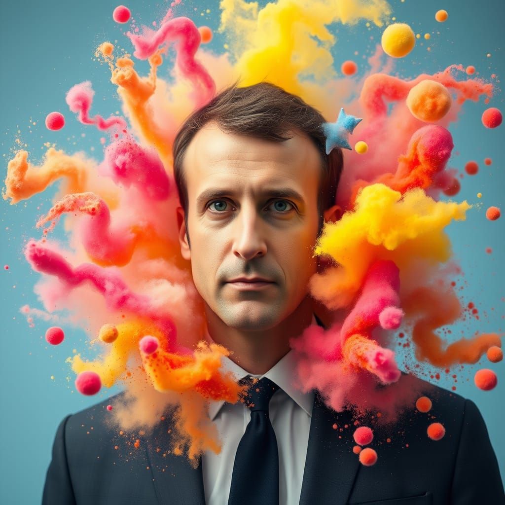 French Politician Lost in Whimsical Cloud of Colorful Powder