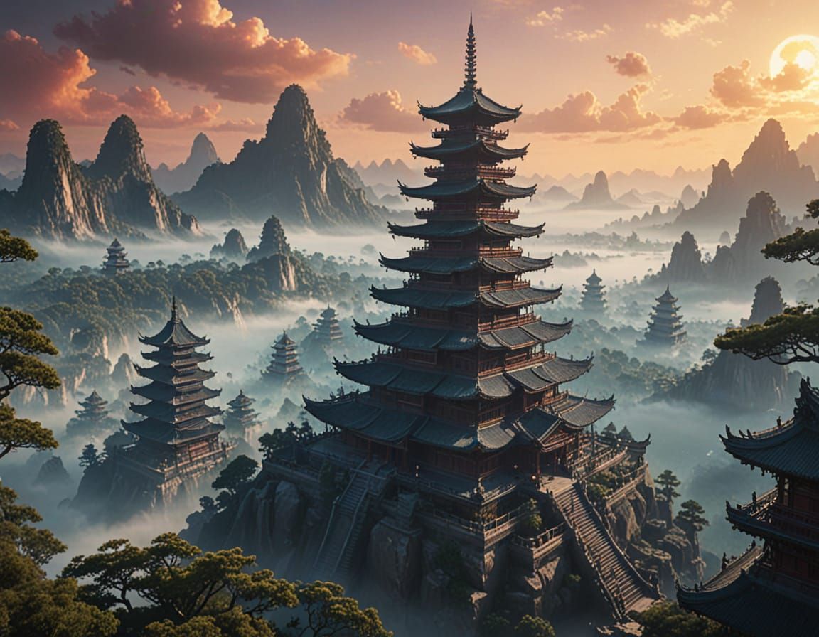 Ancient Pagoda in Sparkling Landscape with Dynamic Light
