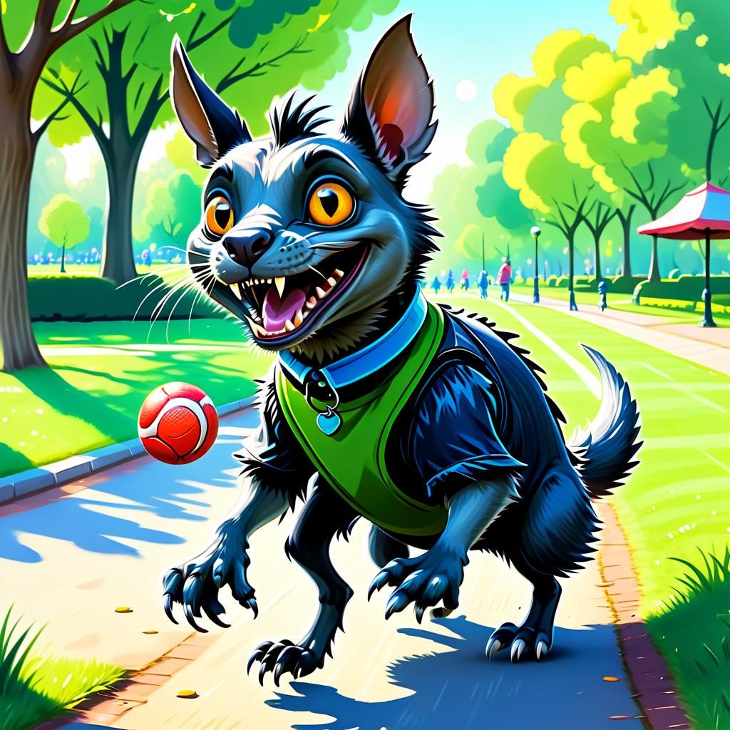 Cartoon Chupacabra Plays Fetch in Park