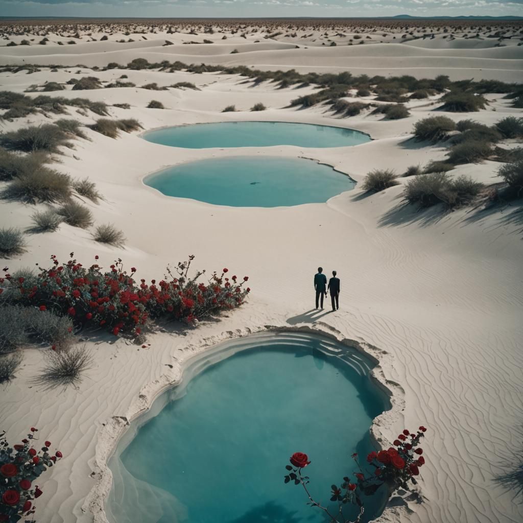 Surreal Desert Oasis with Red Roses