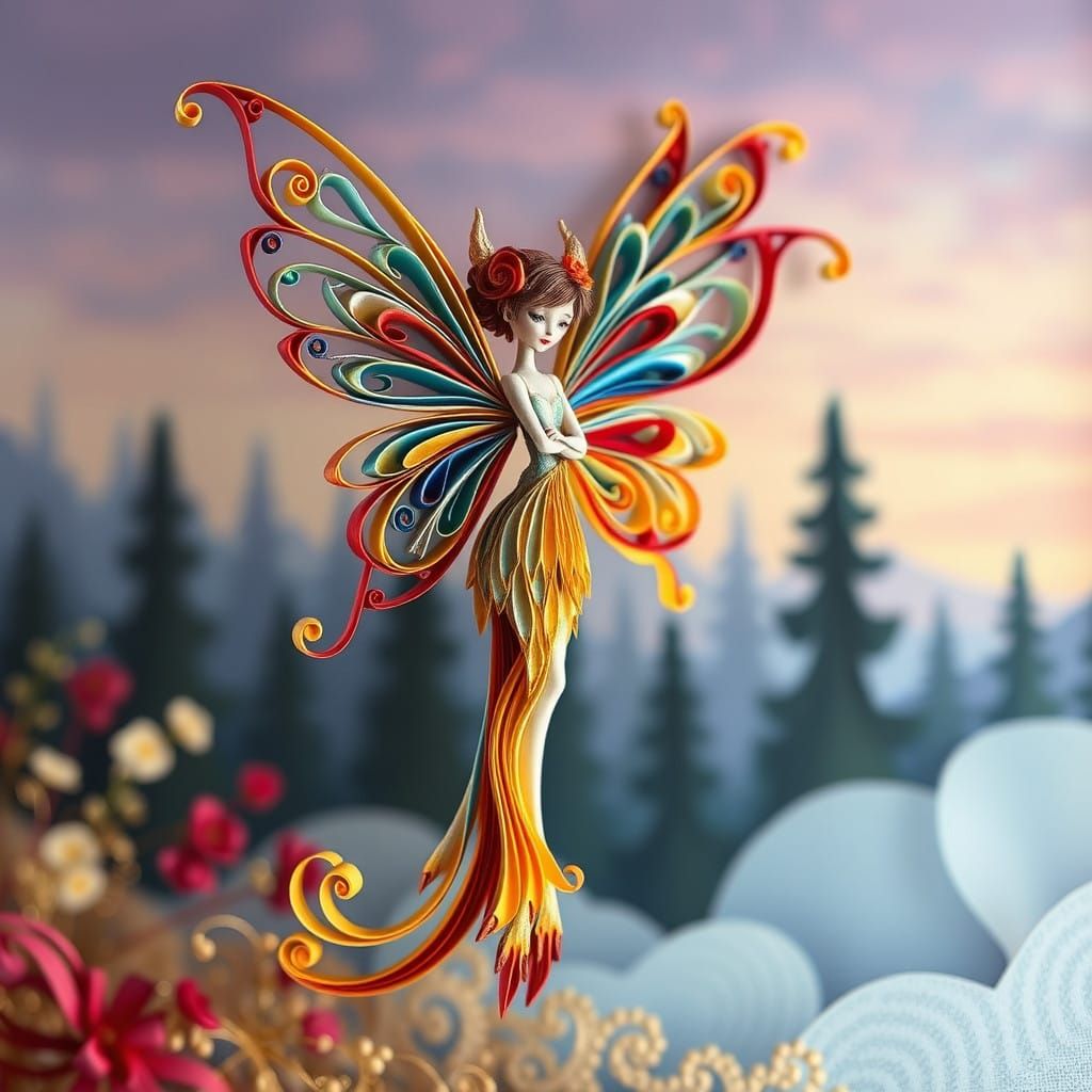 Whimsical Quilled Fairy in Dreamlike Landscape