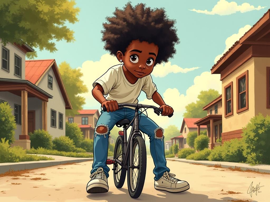 Boy Fixing Bike: Cartoon Watercolor Photorealistic Illustrat...