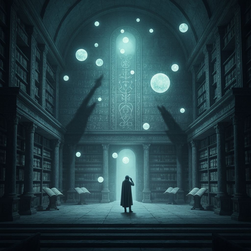 Mysterious Library with Glowing Orbs and Shifting Texts