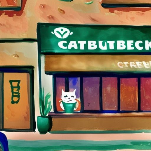 Cat Working at Starbucks in Gouache Style