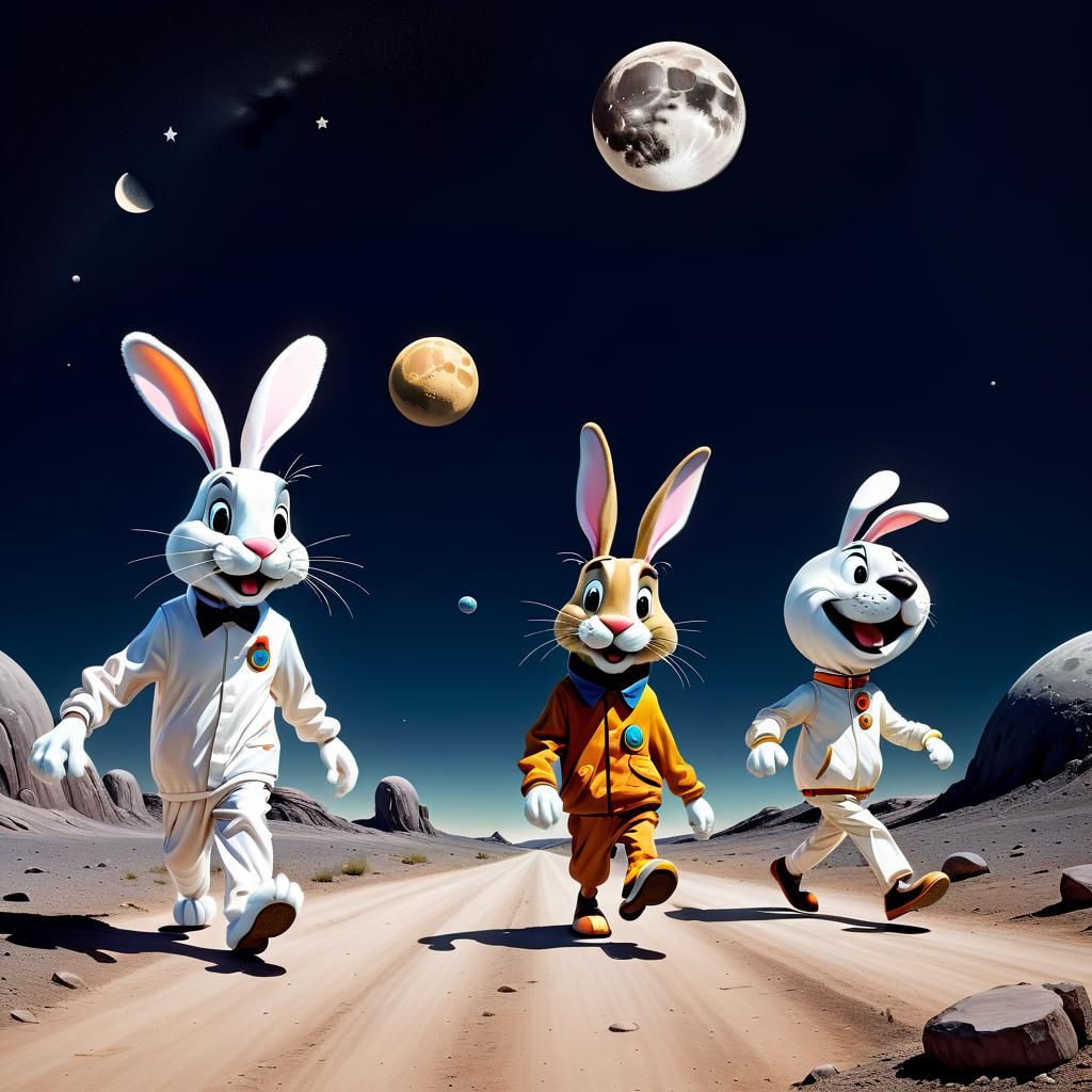 Surreal Moonwalking Rabbit, Goofy, and Pluto