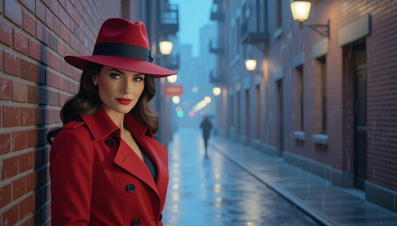Carmen Sandiego in Rainy Alley: Photorealistic Portrait