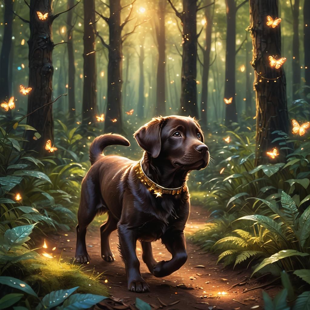 Chocolate Lab Puppy in Enchanted Forest Concept Art
