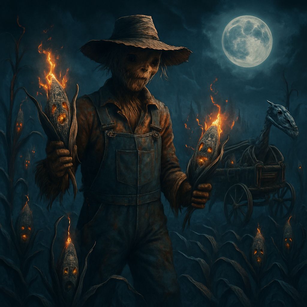 Creepy Scarecrow Harvests Demonic Corn at Night