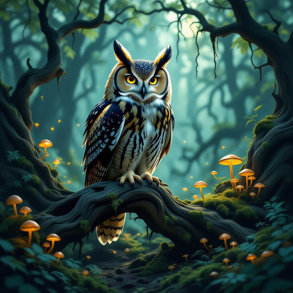 Golden Owl in Mystical Forest Concept Art