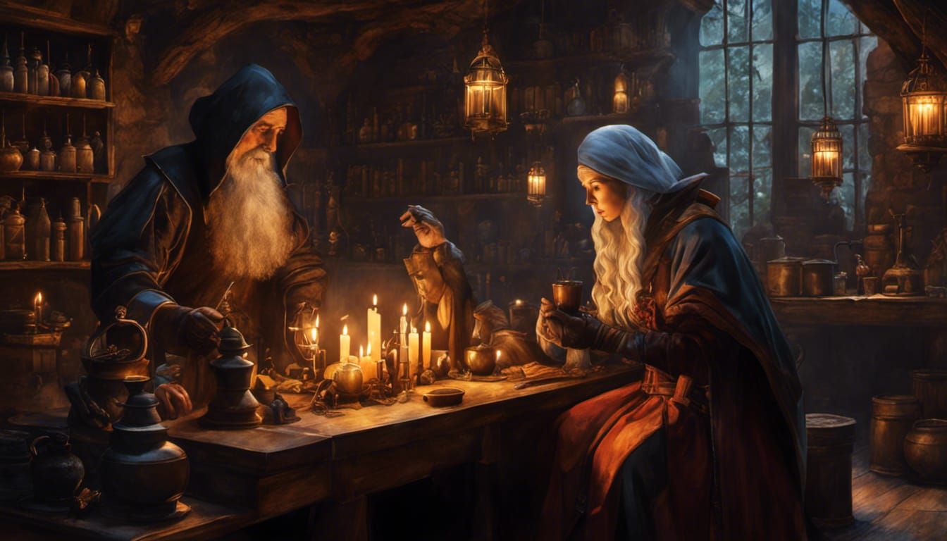 Medieval Alchemist and Apprentice in Laboratory