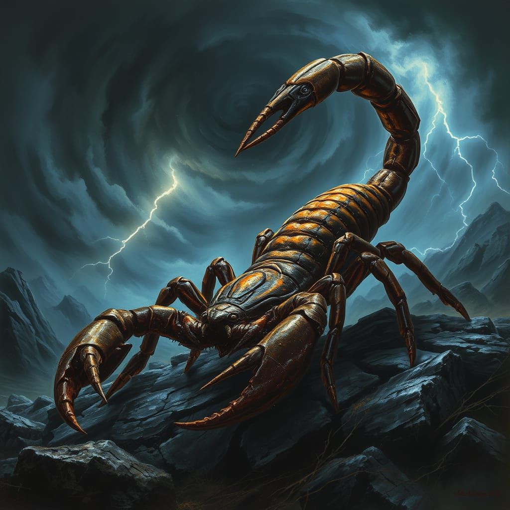 Menacing Scorpion in Stormy Landscape