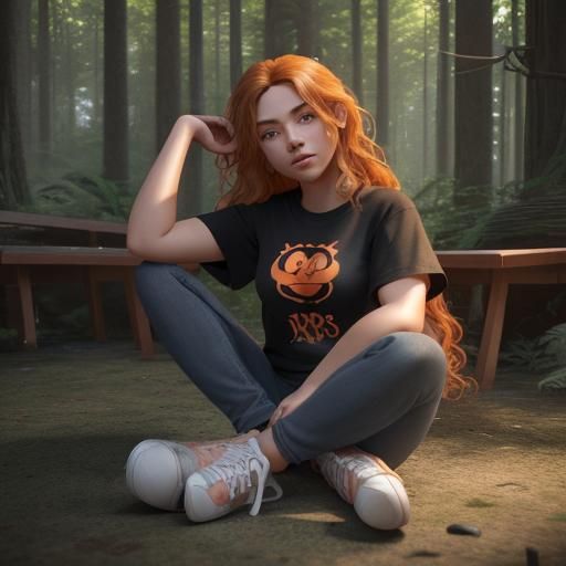 Woman at Cottage in Forest: 3D Digital Art