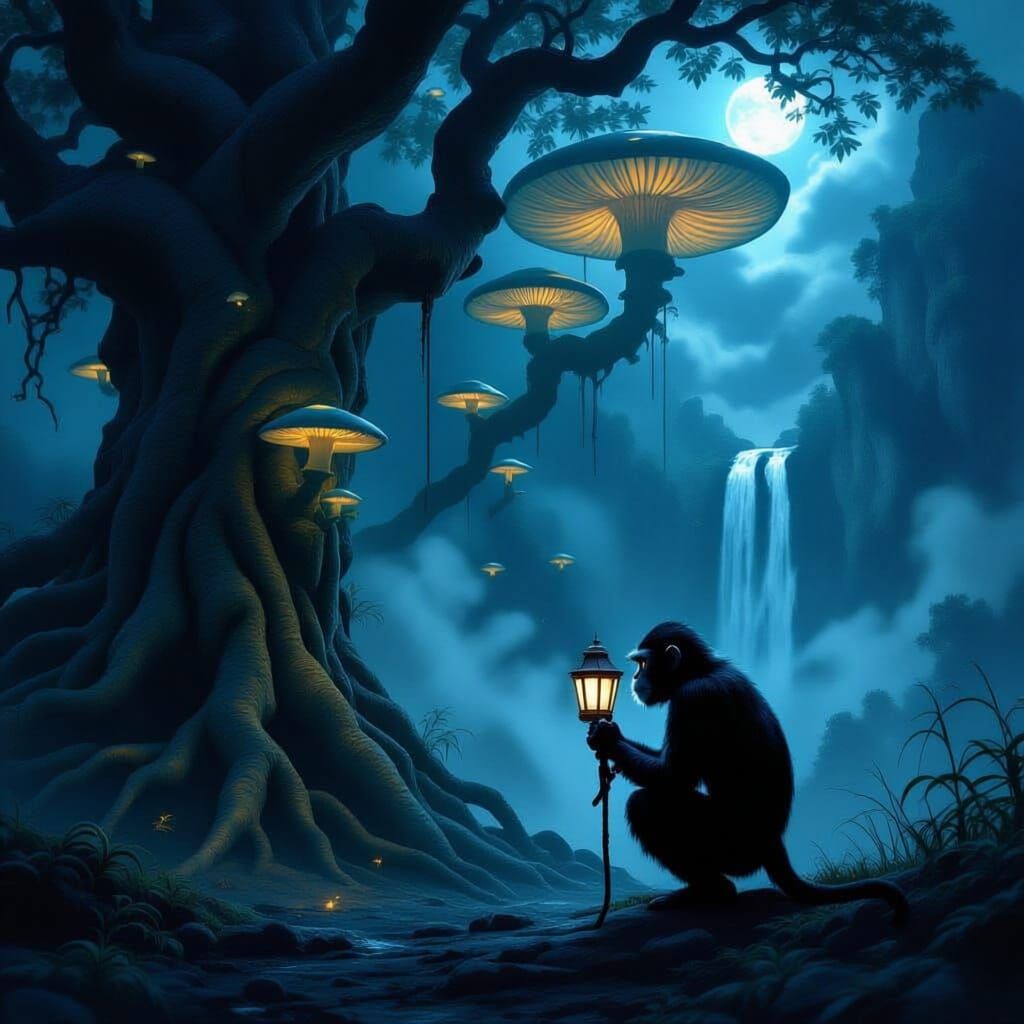Shadowy Monkey by Ancient Tree in Mystical Forest