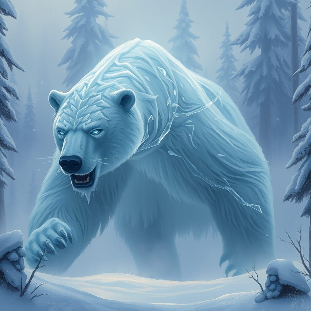 Spectral Ice Bear Roams Snowy Wilderness in Ethereal Style