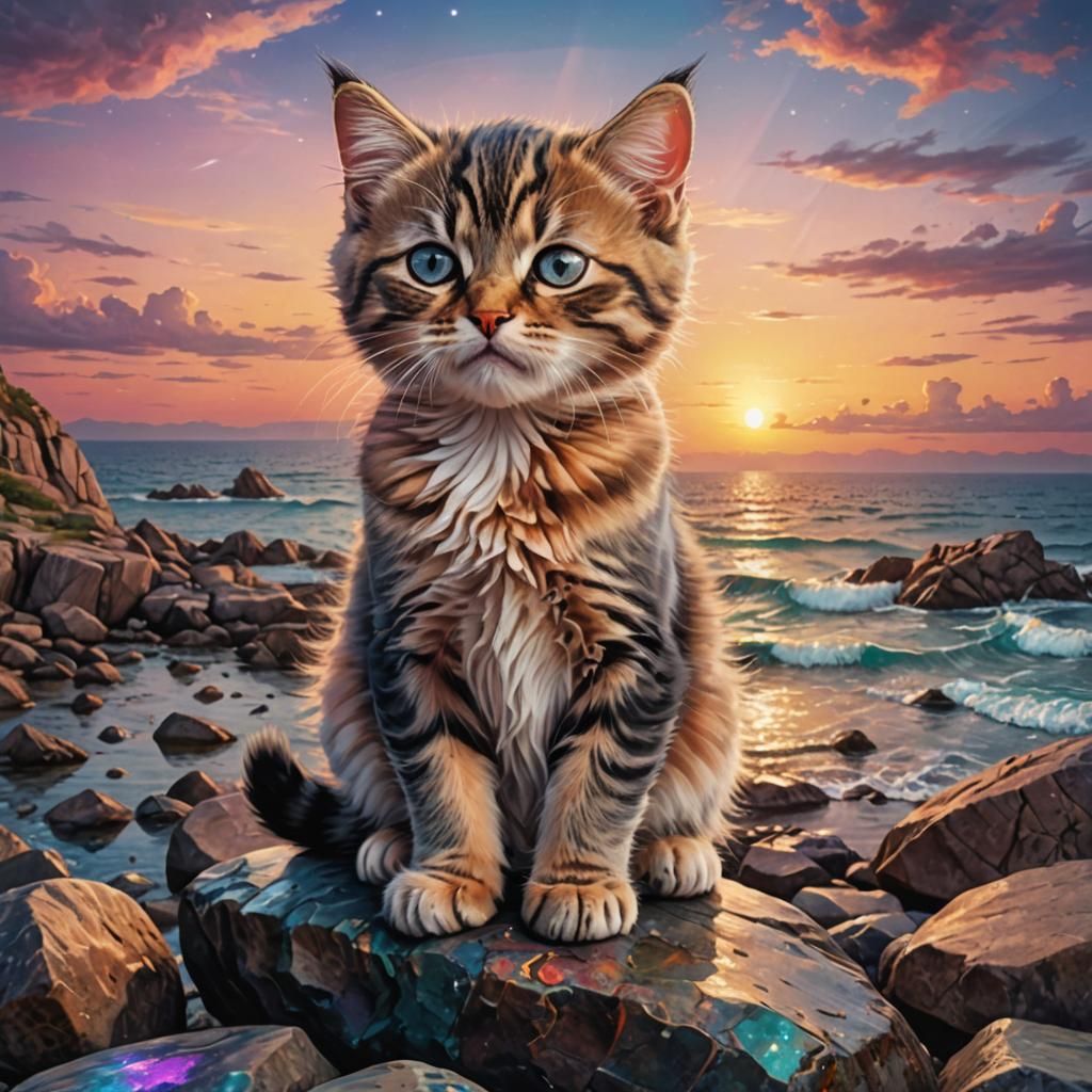Grumpy Kitten Observes Coastal Sunset in Cosmic Illustration