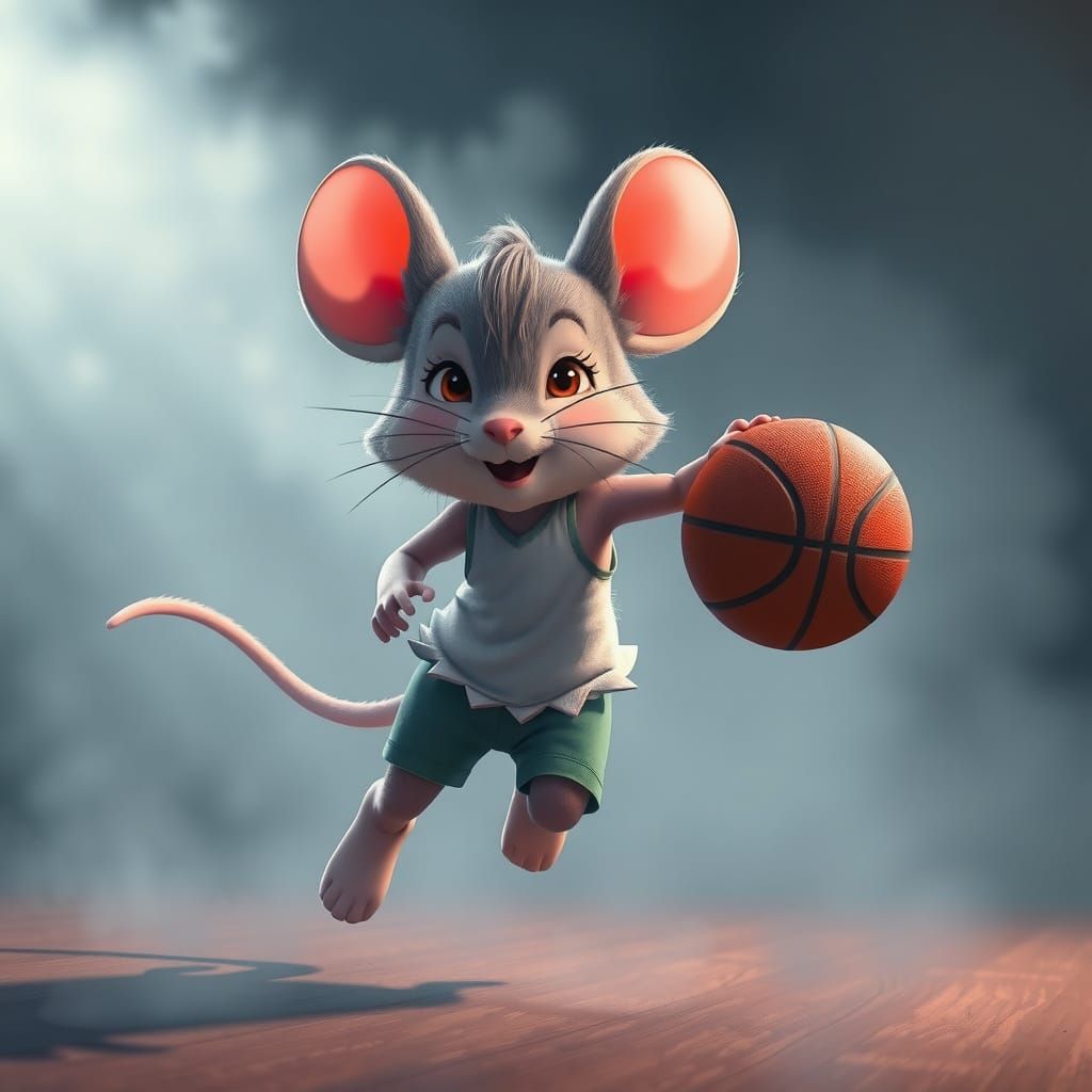 Cute Kawaii Mouse Dribbling a Basketball in Anime Style