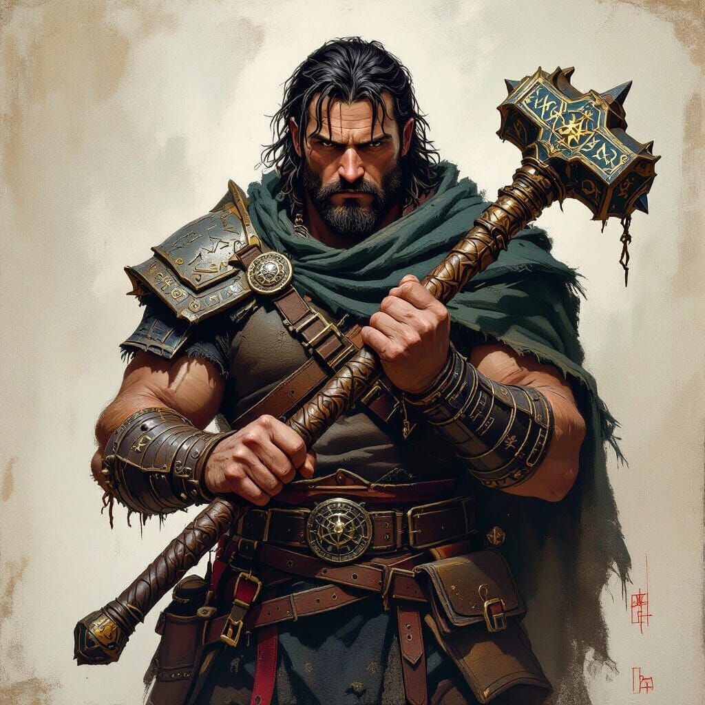 Adventurer Holds Ornate Rune Mace in Fantasy Setting