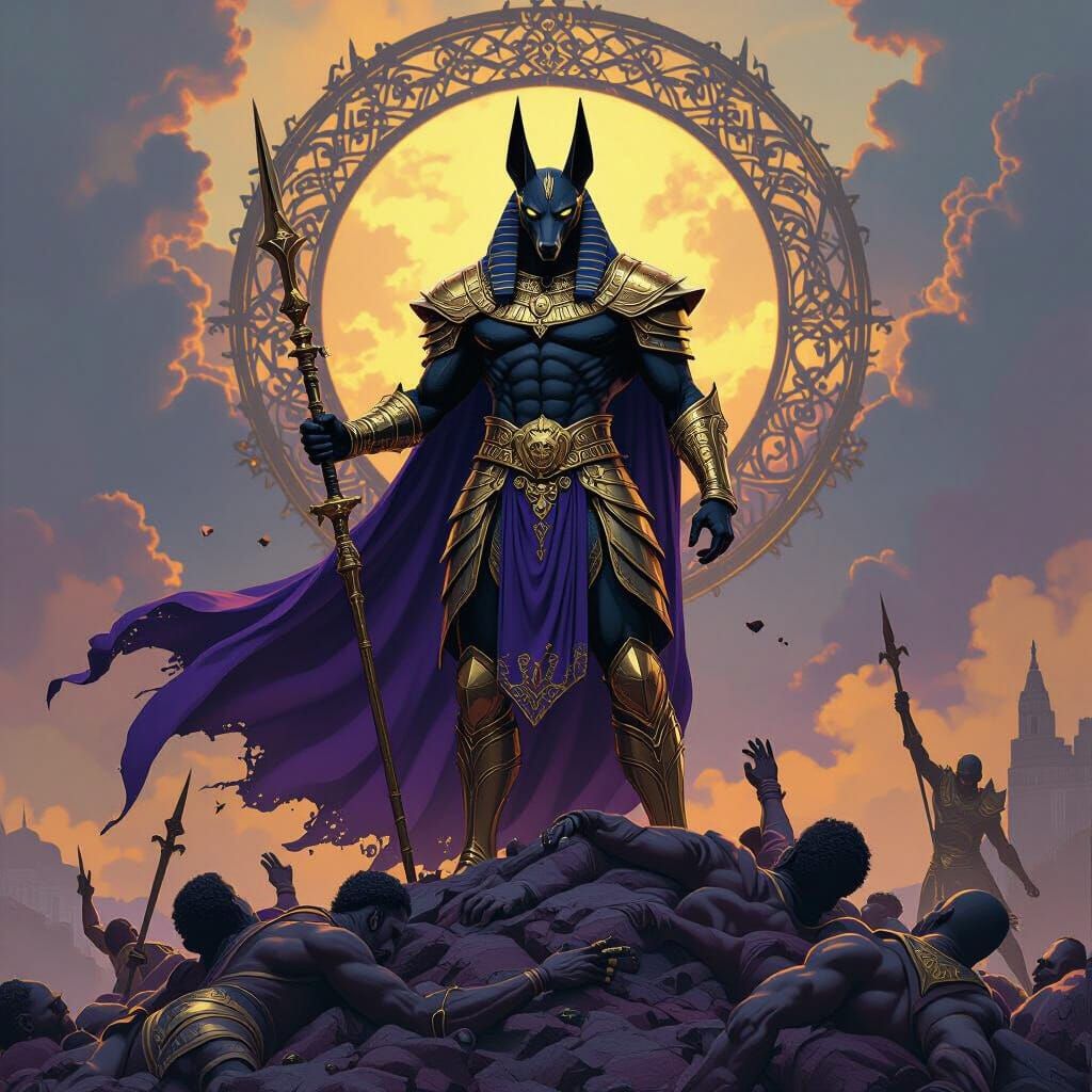 Victorious Anubis in Golden Armor, Dark Fantasy Scene